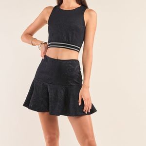 Black Embossed Jacquard Pattern Banded Crop & Mini Flare Skirt Set